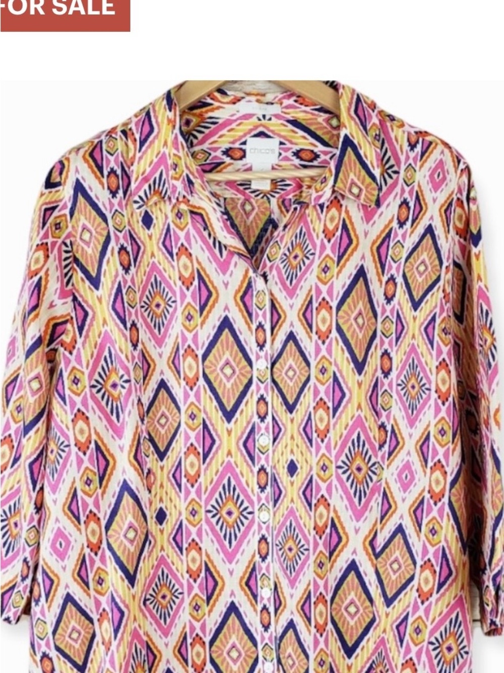 Chico's Multi-Color Geometric Button-Front Shirt 100% linen
